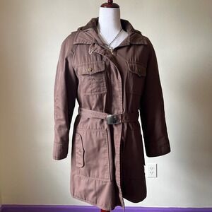 Vintage White Stag Brown Utility Parka Coat Belted Faux Fur Lined Zip Hoodie S/M